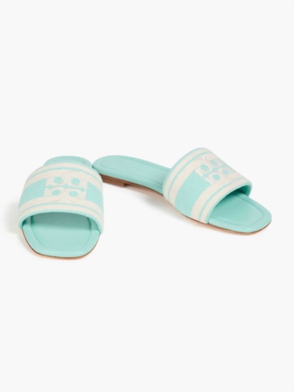 Tory Burch Aqua Jacquard Slide Sandals with Cream Stripes Double T Logo